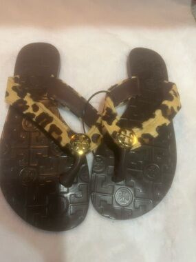 Tory Burch Brown and Leopard Print Logo Flip Flop Sandals